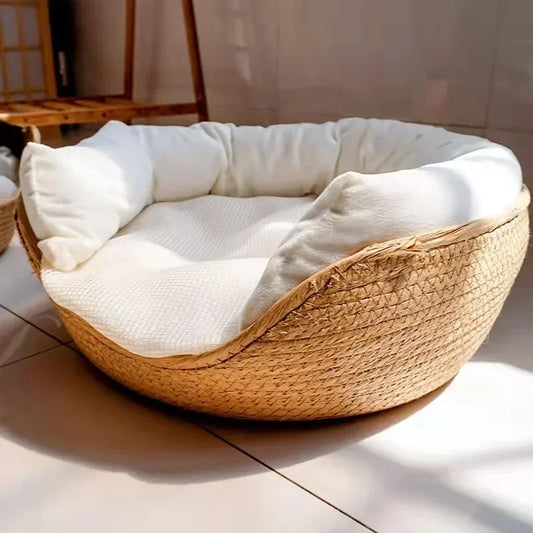 Cama Suave para Mascotas, Kennel para Gatos y Perros, Sofá de Tejido de Bambú para Todas las Estaciones, Nido Acogedor Impermeable con Cojín Desmontable